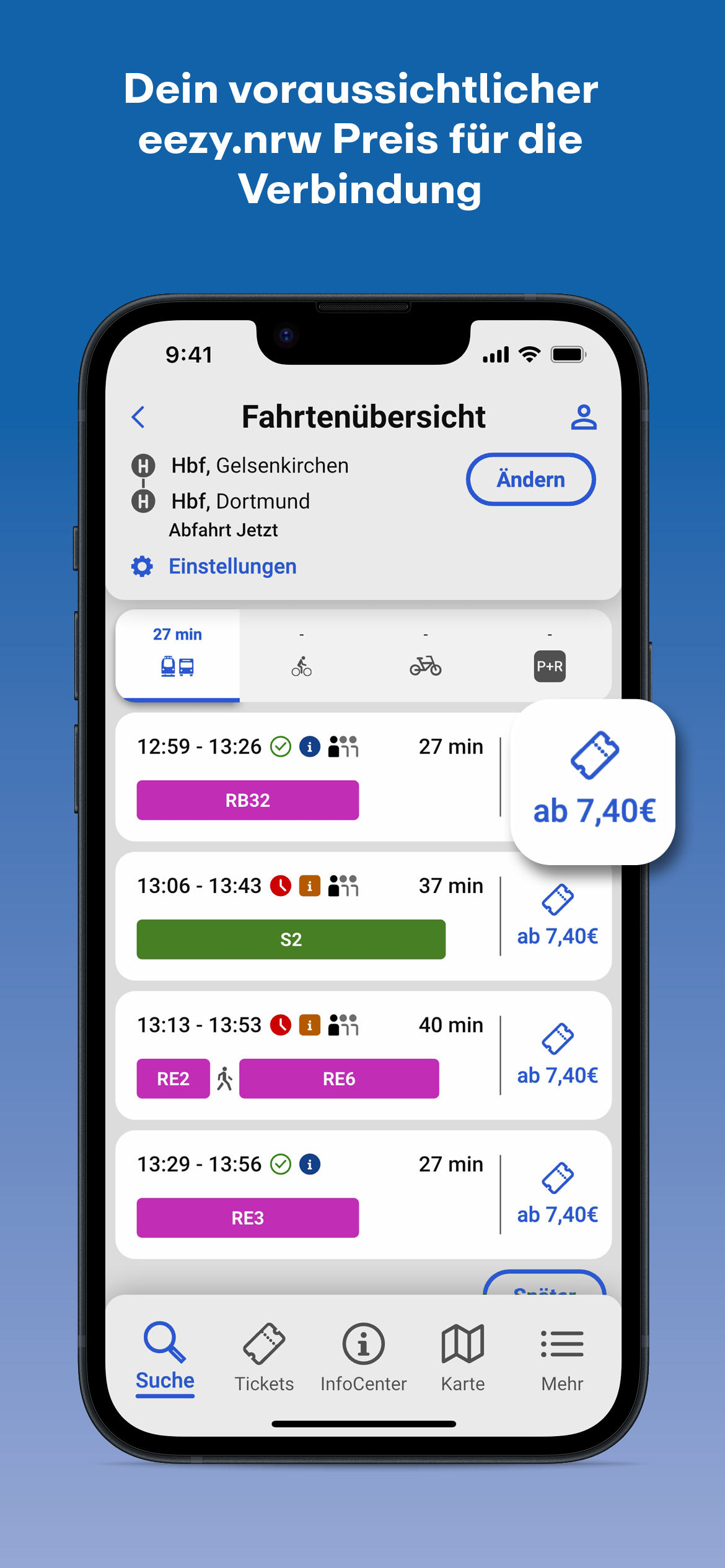 Blick auf den Bildschirm der NIAG-App mit Verkehrsverbindungen und Preisangabe für das Enzym-Ticket.