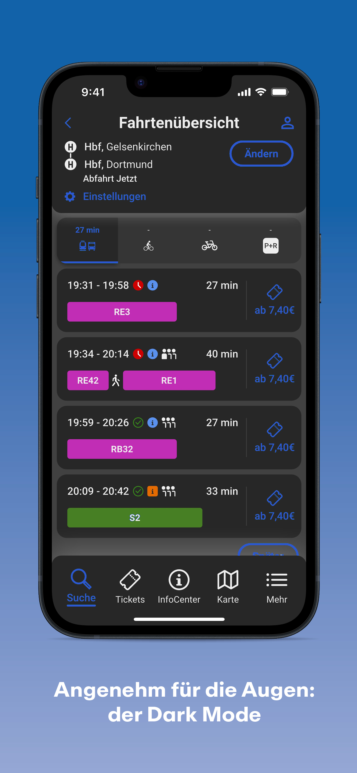 Blick auf den Bildschirm der NIAG-App im Darkmode mit Verkehrsverbindungen.