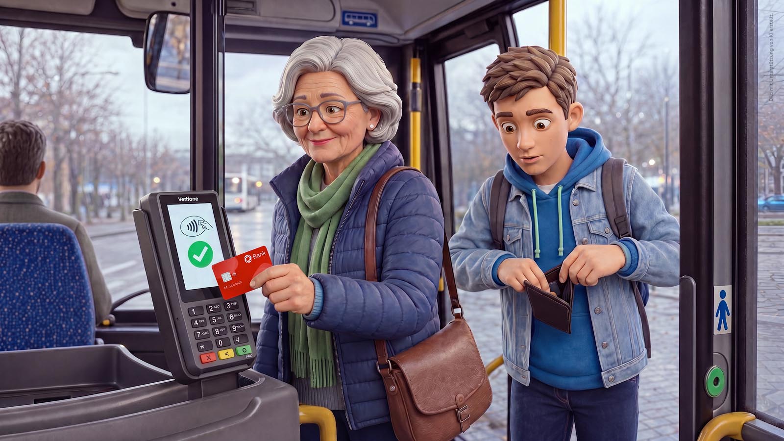 Eine ältere Dame zahlt mit einer Bankkarte das Ticket.